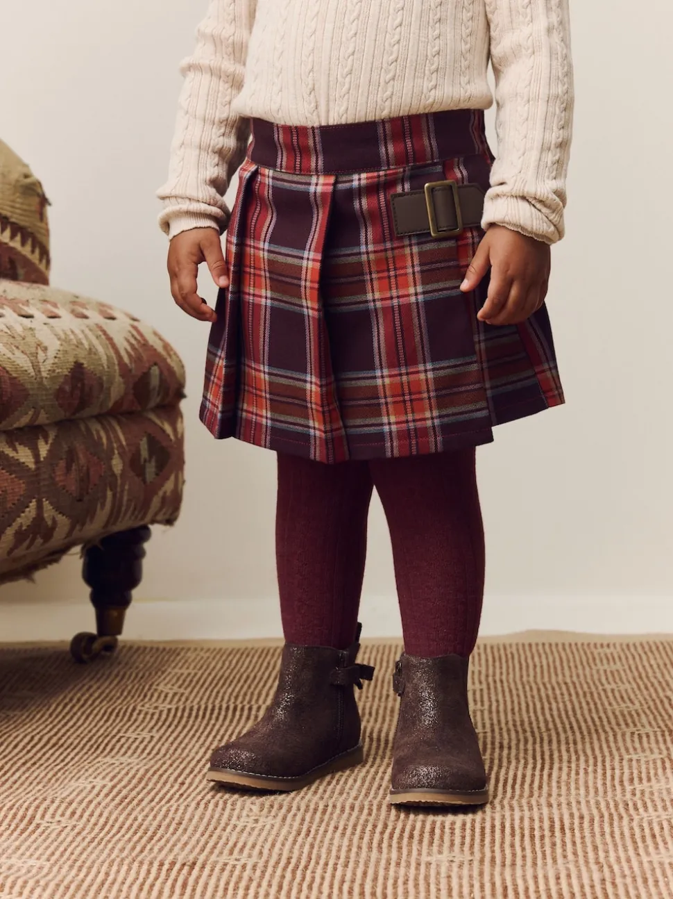 Burgundy Red Check Skort and Tights Set (3mths-7yrs)