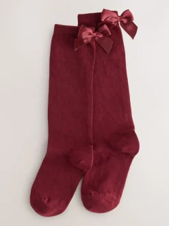 Burgundy Red 2 Pack Cotton Rich Bow Knee High Socks