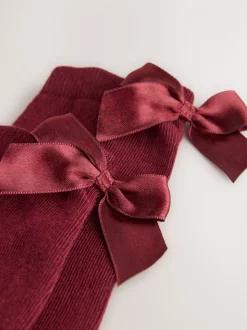 Burgundy Red 2 Pack Cotton Rich Bow Knee High Socks