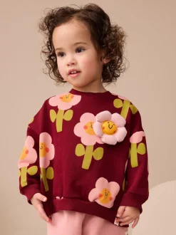 Burgundy Red Smiley Flower Print Crew Neck Sweatshirt (3mths-7yrs)