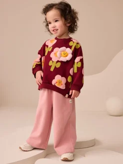 Burgundy Red Smiley Flower Print Crew Neck Sweatshirt (3mths-7yrs)