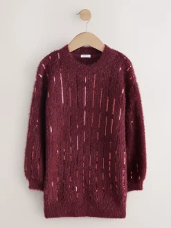 Burgundy Red Stripe Sequin Christmas Jumper Dress (3-16yrs)