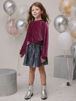 Burgundy Red Textured Velour Wrap Front Top (3-16yrs)
