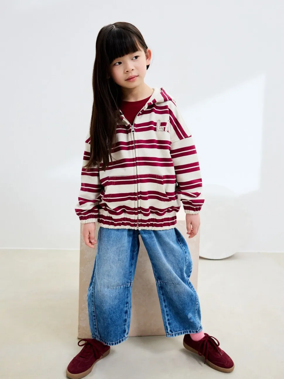 Burgundy Red/White Stripe Zip Through Hoodie (3-16yrs)