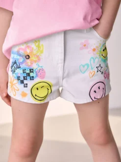Chalk White Denim 100% Cotton Smileyworld Graffiti Shorts (3-16yrs)