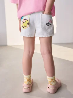 Chalk White Denim 100% Cotton Smileyworld Graffiti Shorts (3-16yrs)