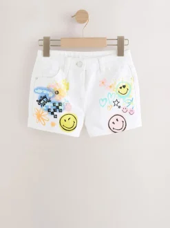 Chalk White Denim 100% Cotton Smileyworld Graffiti Shorts (3-16yrs)