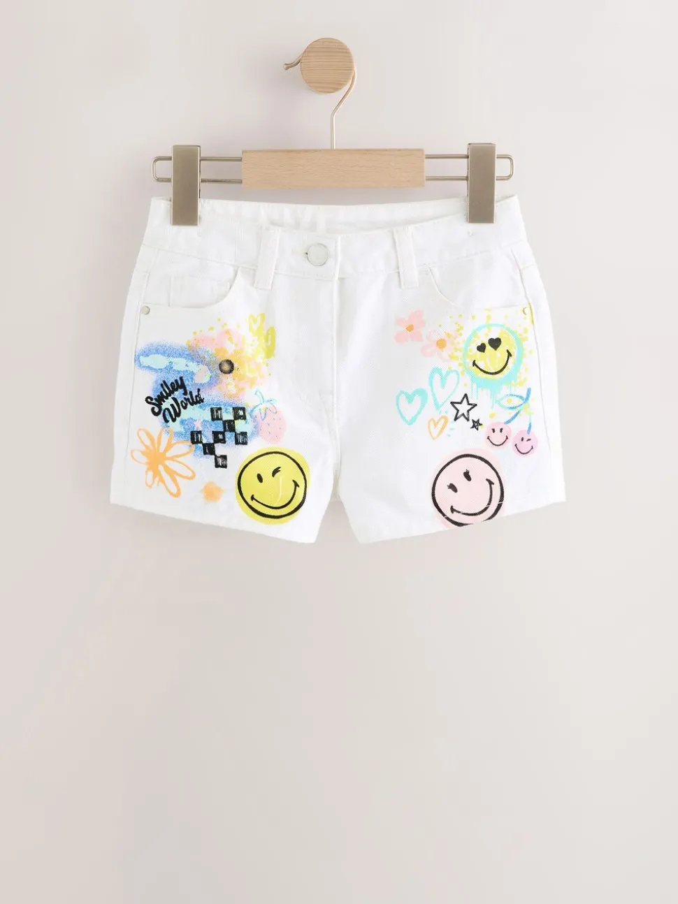 Chalk White Denim 100% Cotton Smileyworld Graffiti Shorts (3-16yrs)