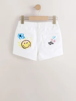 Chalk White Denim 100% Cotton Smileyworld Graffiti Shorts (3-16yrs)
