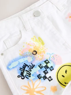 Chalk White Denim 100% Cotton Smileyworld Graffiti Shorts (3-16yrs)