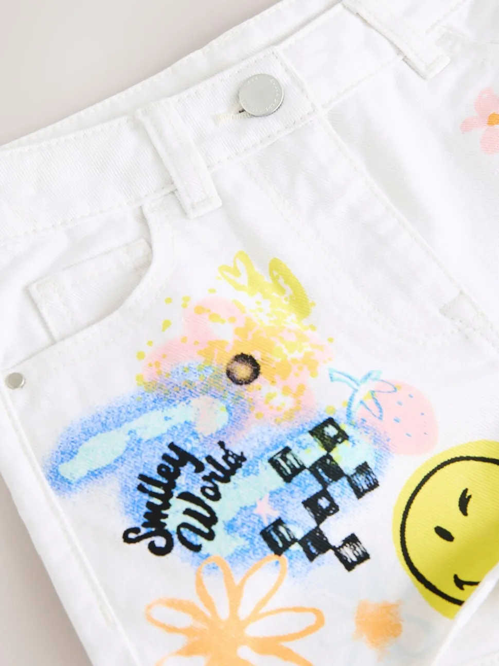 Chalk White Denim 100% Cotton Smileyworld Graffiti Shorts (3-16yrs)