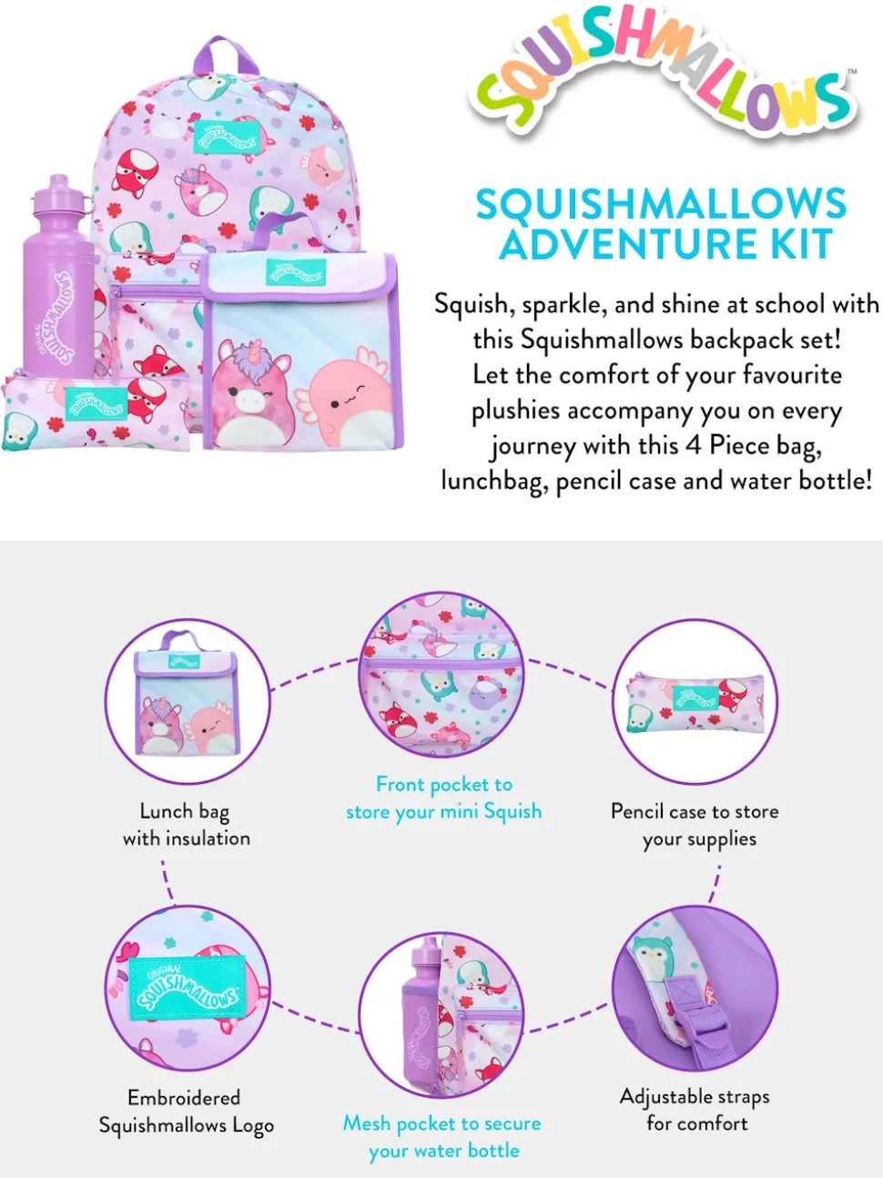 Character Purple Squishmallows 4 Pc Backpack Set