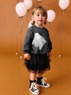 Charcoal Grey Halloween Ghost Crew Neck Sweatshirt (3mths-7yrs)