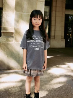 Charcoal Grey Oversized T-Shirt Check Skirt Set (3-16yrs)