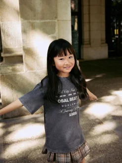 Charcoal Grey Oversized T-Shirt Check Skirt Set (3-16yrs)