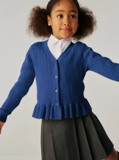 Clarks Blue Cable Knit Frill School Cardigan