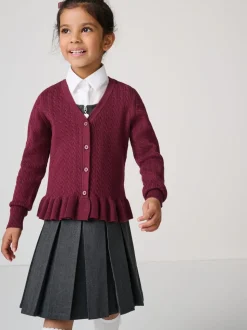 Clarks Burgundy Red Cable Knit Frill School Cardigan