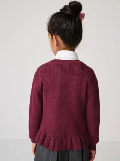 Clarks Burgundy Red Cable Knit Frill School Cardigan