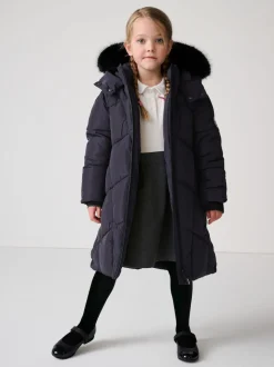 Clarks Navy Girls Shower Resistant Longline Padded Coat