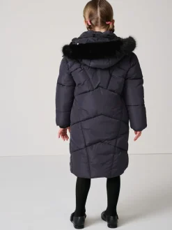 Clarks Navy Girls Shower Resistant Longline Padded Coat