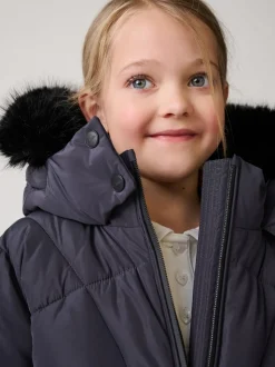 Clarks Navy Girls Shower Resistant Longline Padded Coat