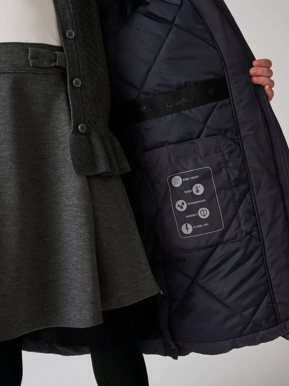 Clarks Navy Girls Shower Resistant Longline Padded Coat