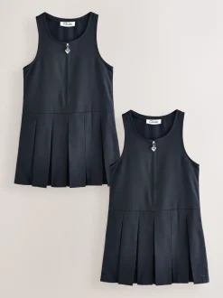 Clarks Navy Girls Zip Front Pleated School Pinafores 2 Pack