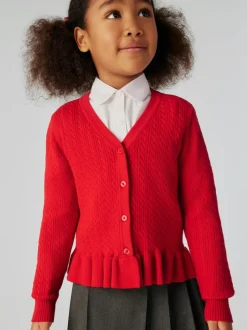 Clarks Red Cable Knit Frill School Cardigan