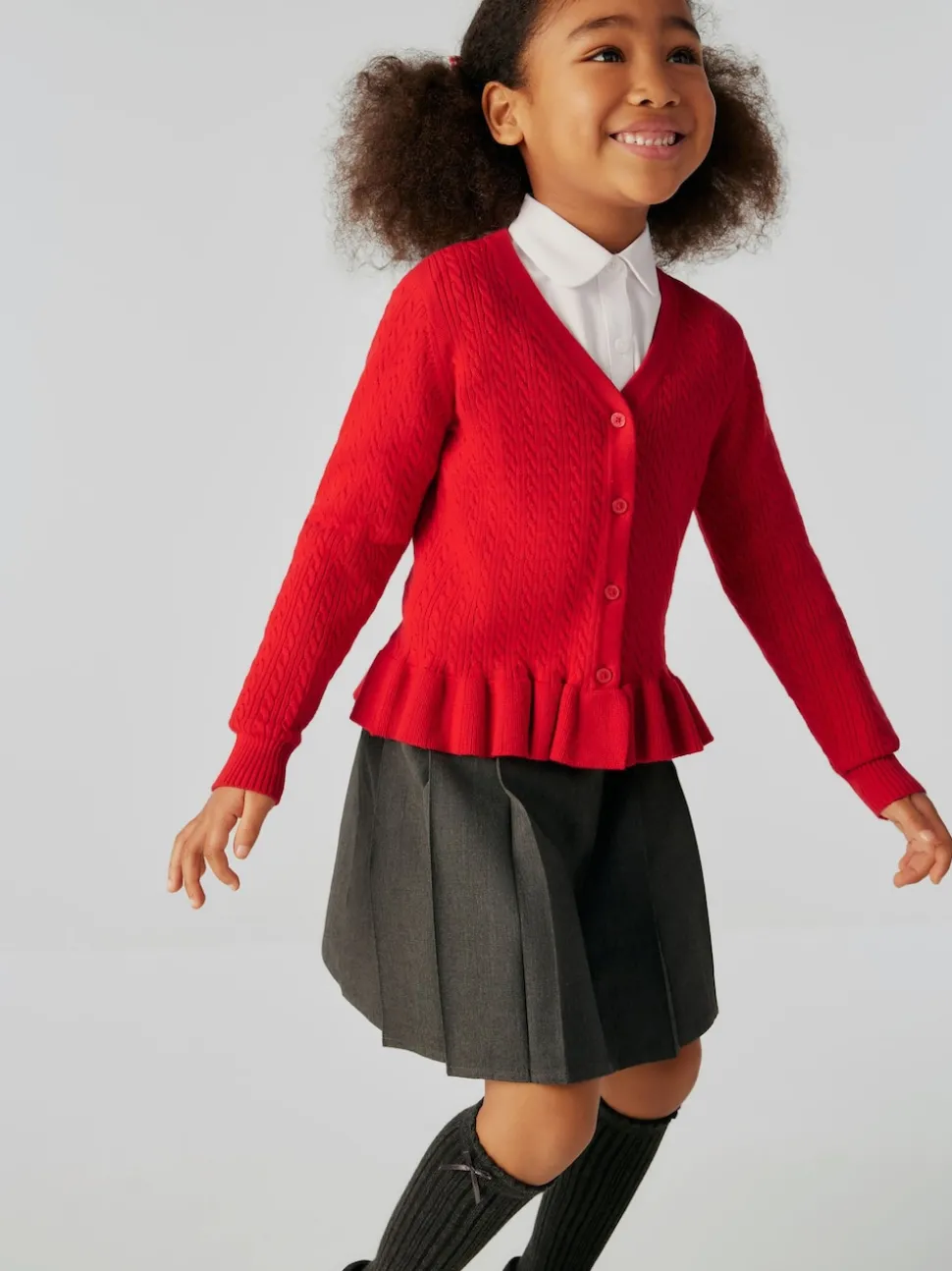 Clarks Red Cable Knit Frill School Cardigan