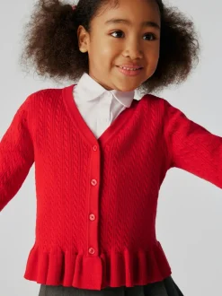 Clarks Red Cable Knit Frill School Cardigan