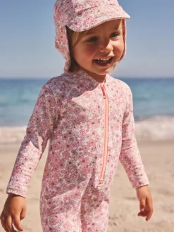 Coral Pink Ditsy Floral Print Swim Legionnaire Hat (3mths-10yrs)