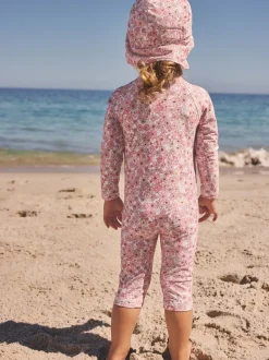 Coral Pink Ditsy Floral Print Swim Legionnaire Hat (3mths-10yrs)