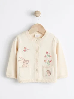Cream Bunny 100% Cotton Pointelle Knitted Floral Flower Baby Cardigan (0mths-3yrs)