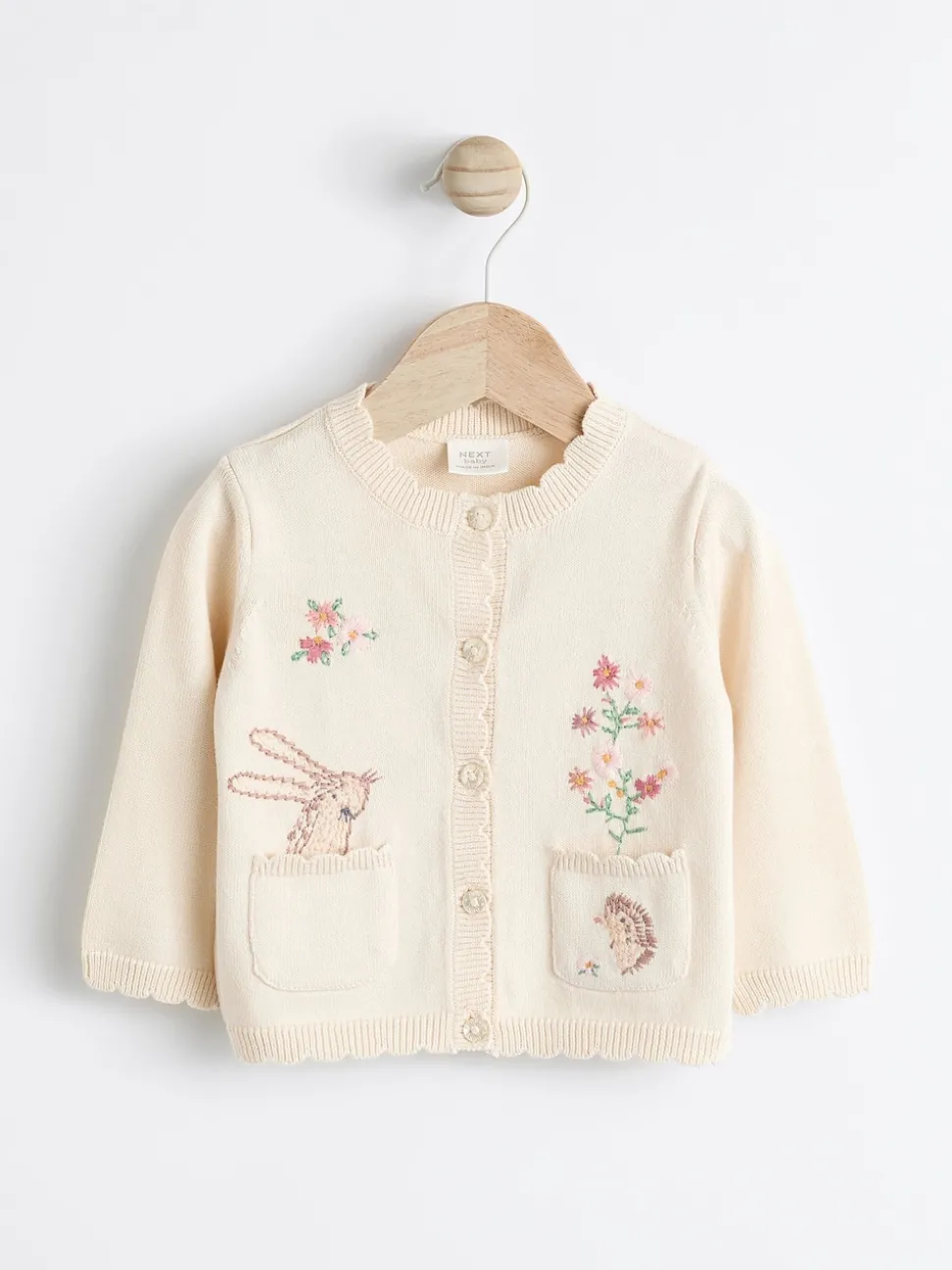 Cream Bunny 100% Cotton Pointelle Knitted Floral Flower Baby Cardigan (0mths-3yrs)