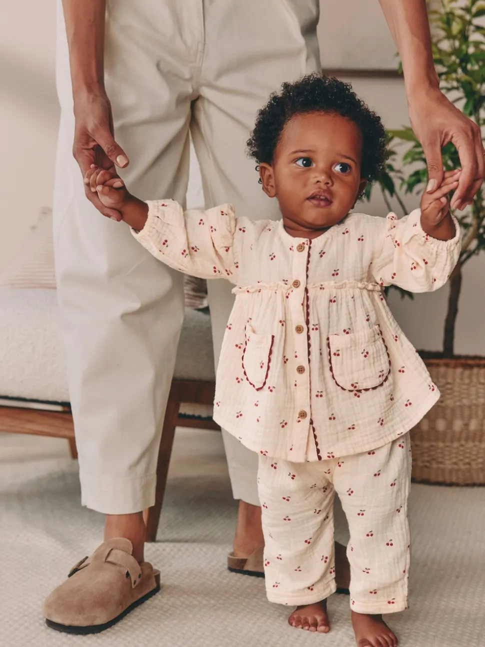Cream/ Red Cherry Baby Woven Long Sleeve Tops and Trousers 2 Piece Set (0mths-2yrs)