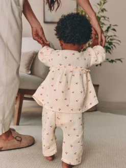 Cream/ Red Cherry Baby Woven Long Sleeve Tops and Trousers 2 Piece Set (0mths-2yrs)