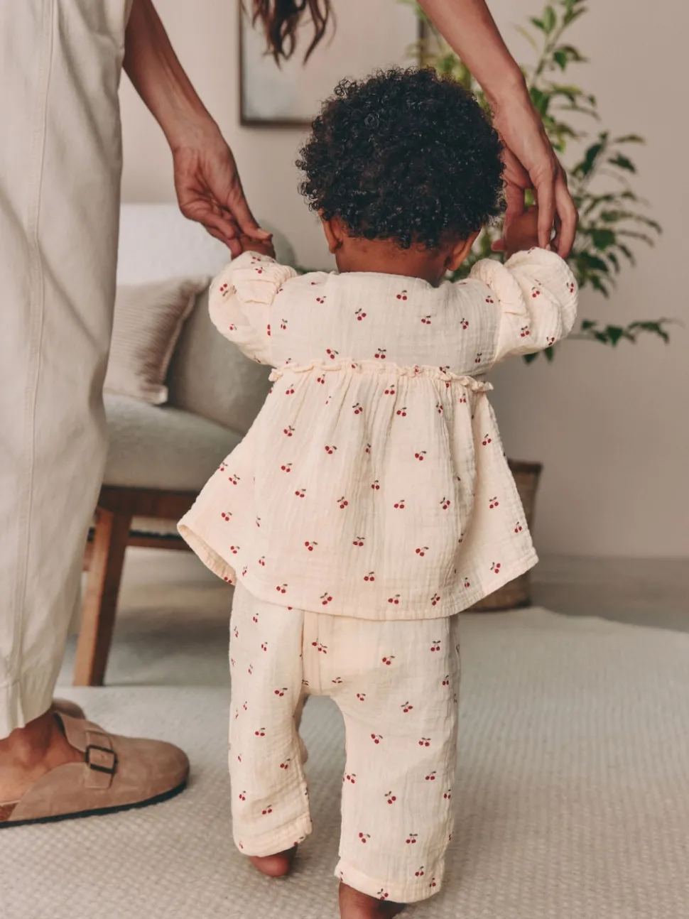 Cream/ Red Cherry Baby Woven Long Sleeve Tops and Trousers 2 Piece Set (0mths-2yrs)