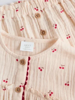 Cream/ Red Cherry Baby Woven Long Sleeve Tops and Trousers 2 Piece Set (0mths-2yrs)