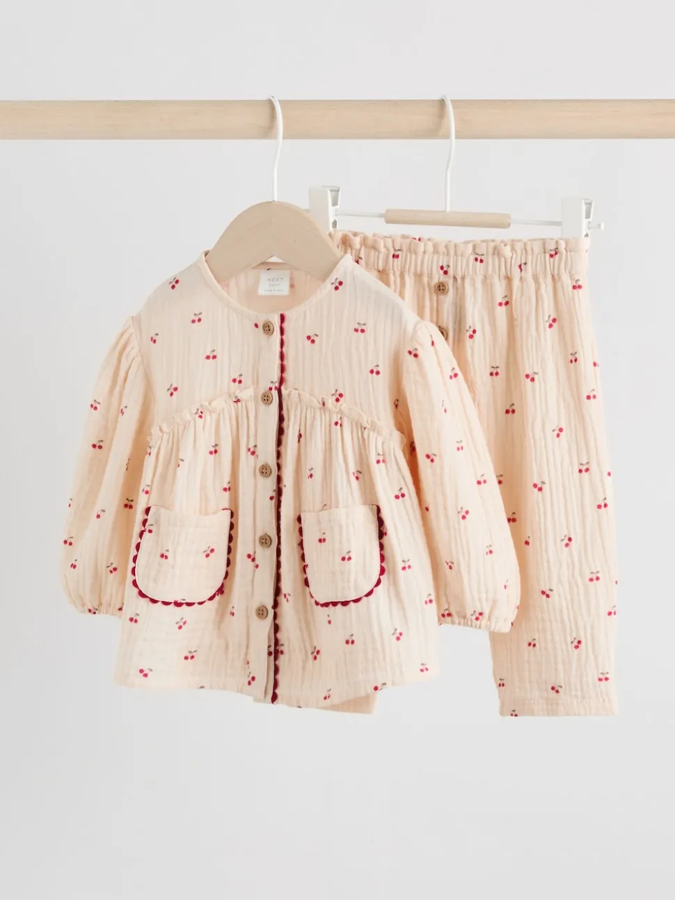 Cream/ Red Cherry Baby Woven Long Sleeve Tops and Trousers 2 Piece Set (0mths-2yrs)