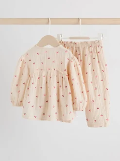 Cream/ Red Cherry Baby Woven Long Sleeve Tops and Trousers 2 Piece Set (0mths-2yrs)