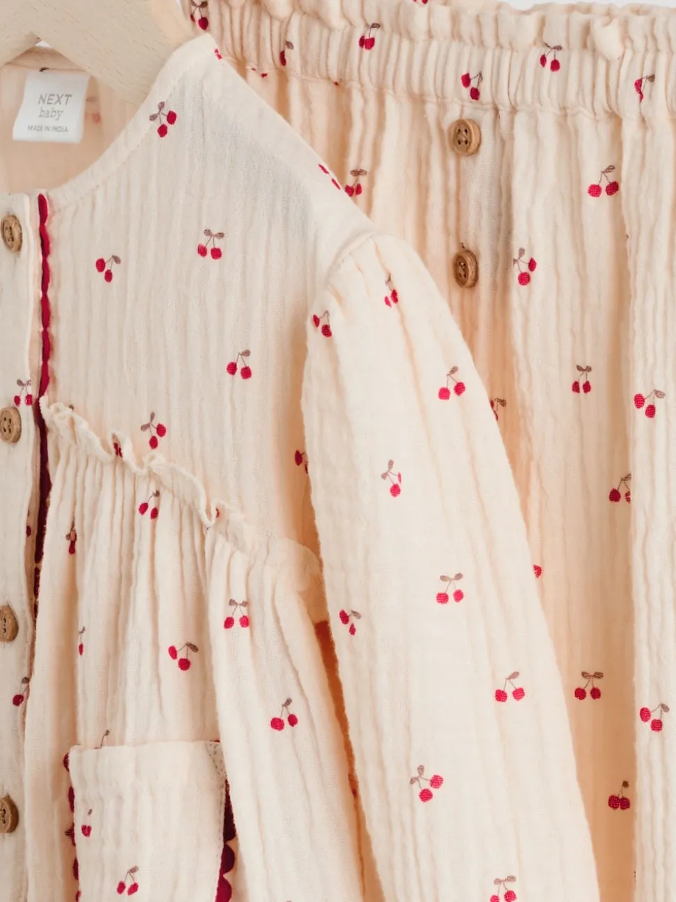 Cream/ Red Cherry Baby Woven Long Sleeve Tops and Trousers 2 Piece Set (0mths-2yrs)