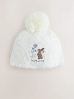 Cream Baby Embroidered Bunny Character Hat (0mths-2yrs)