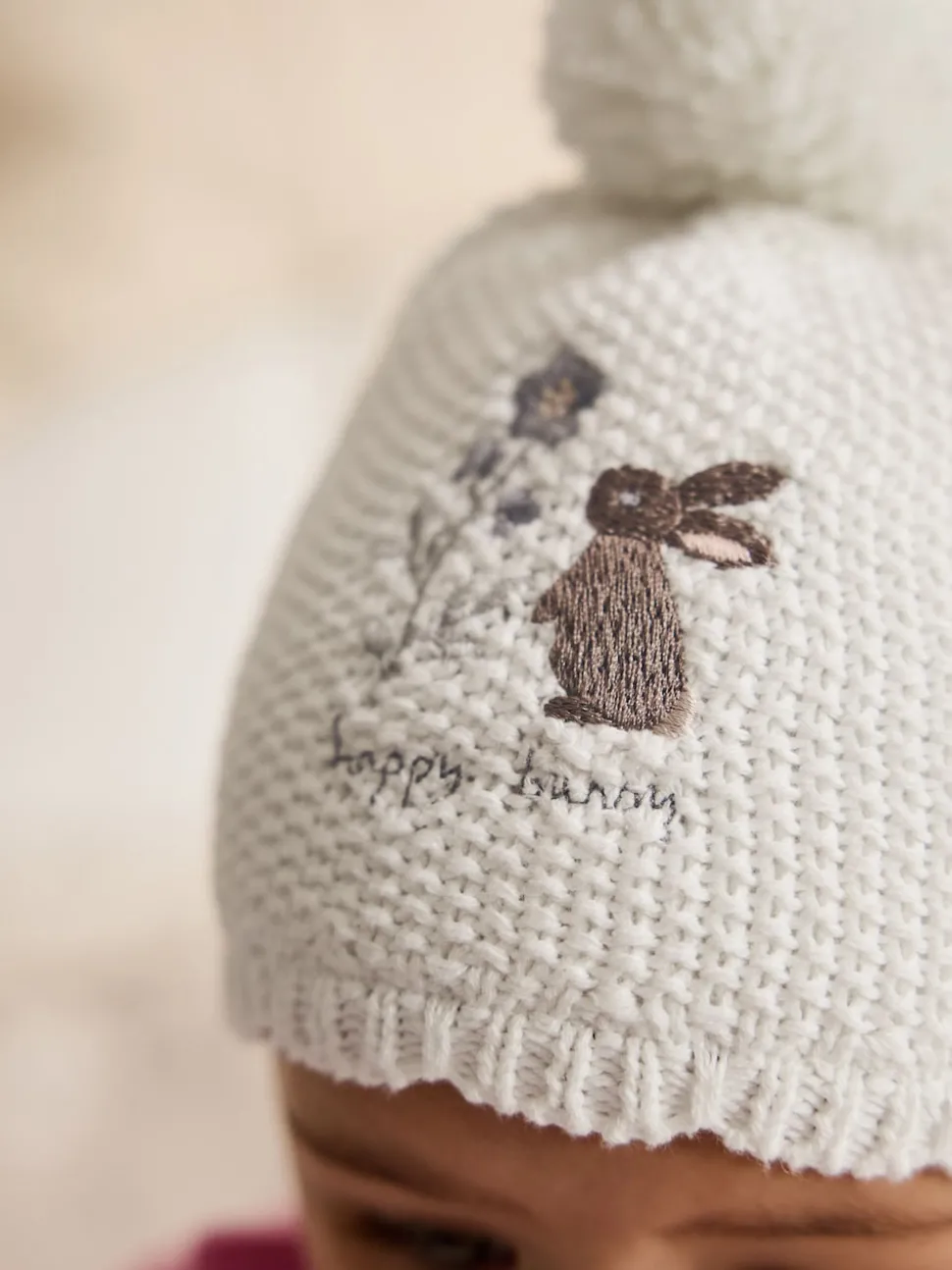 Cream Baby Embroidered Bunny Character Hat (0mths-2yrs)