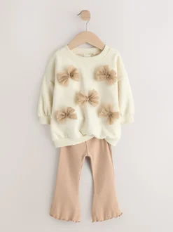 Cream Bow Sweatshirt & Flare Leggings Set (3mths-7yrs)