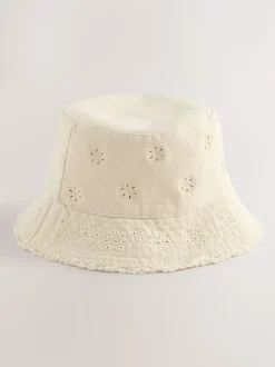 Cream Broderie Anglais Flower Bucket Hat (3mths-16yrs)