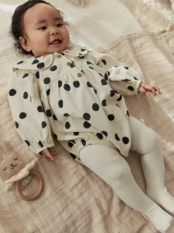 Cream/Charcoal Polka Dot Baby Bloomer Rompers Set 2 Piece with Tights (0mths-3yrs)