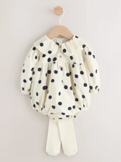 Cream/Charcoal Polka Dot Baby Bloomer Rompers Set 2 Piece with Tights (0mths-3yrs)