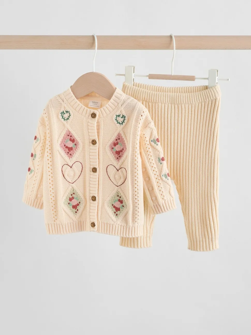 Cream Embroidered Baby Knitted Cardigan and Leggings 2 Piece Set (0mths-3yrs)