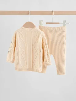 Cream Embroidered Baby Knitted Cardigan and Leggings 2 Piece Set (0mths-3yrs)