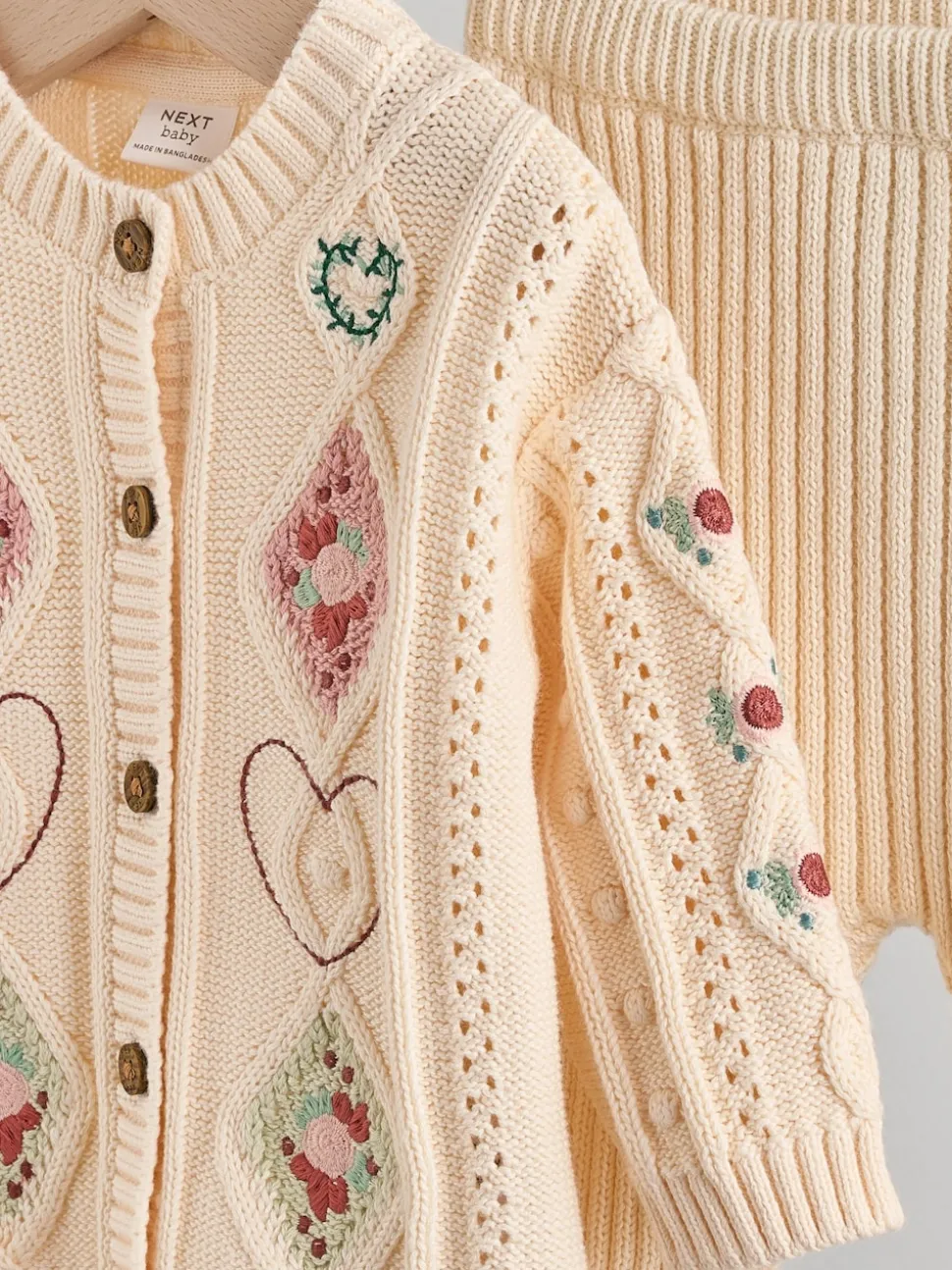 Cream Embroidered Baby Knitted Cardigan and Leggings 2 Piece Set (0mths-3yrs)
